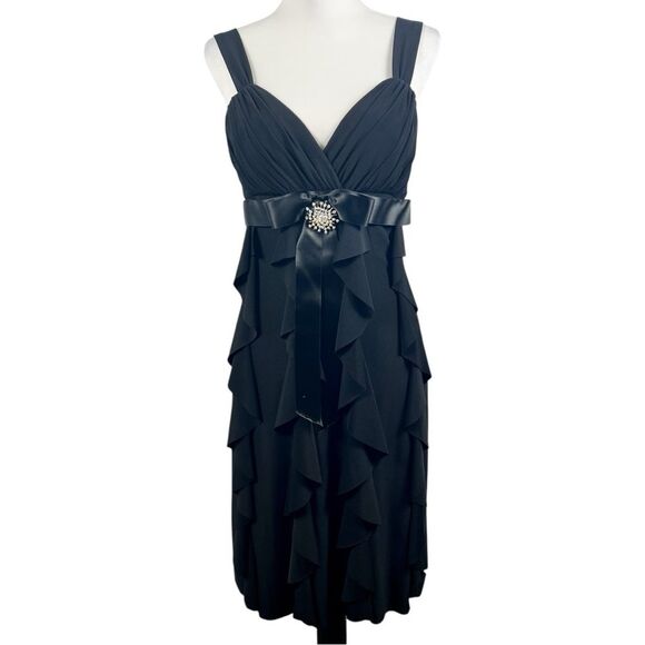 Cache Black Ruffle Cocktail Dress Ruched Sweetheart Satin Jewel Waist Accent 10 - Picture 1 of 12
